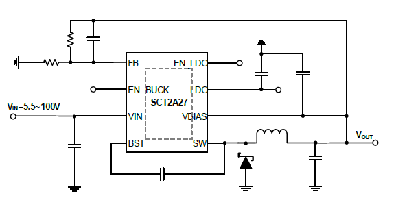 5.5V-100V Vin, 4A Peak Current, Asynonous Stepdown DCDC Converter with a 200mA LDO Integrated